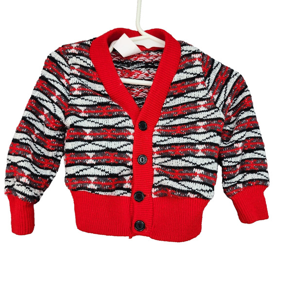 Vintage 80s Baby Sweater Boys 24 Months Red Knit Button Down V-Neck Long Sleeve - Picture 2 of 9